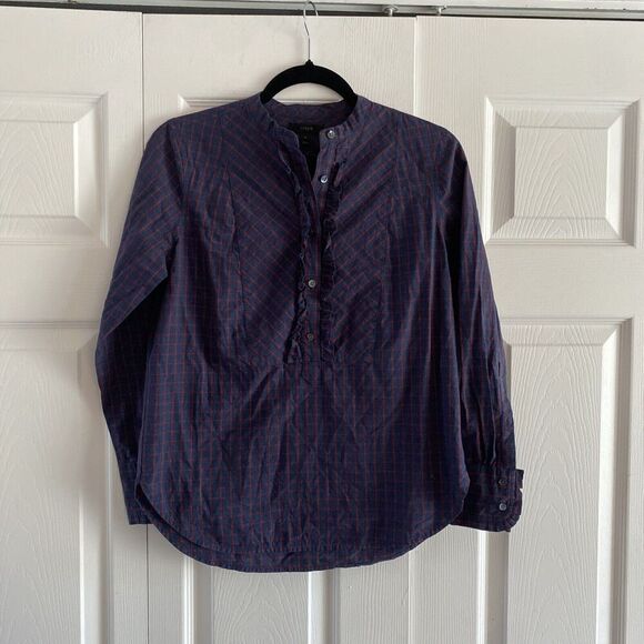 J Crew Women's Navy Popover Blouse Red Windowpane Top Size‎ 0 - Picture 2 of 7